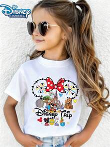 2026 Disney Travel Commemorative T-Shirt, Butterfly Shaped Mickey Mouse Head Silhouette Wrapped Around Park Landmarks And Characters, 2026 Digital Integrated Into Character Images Print Pattern Summer Tops,Short-Sleeved Casual And Cute Style  Children's Clothing Design, Girl Clothes For Kids ,Ropa Para Niños,Girl Clothes For Kids,Graphic Tee, Summer Clothes,Perfect For Cool Girls. Comfortable And Breathable Children's Short-Sleeved T-Shirt. Comfortable And Casual Wear All Year Round 180g Pure Cotton Children's Clothes,Comfortable & Lightweight, Iconic Print For Mix-And-Match Outfits,Suitable For Both Boys And Girls. - White - View 4