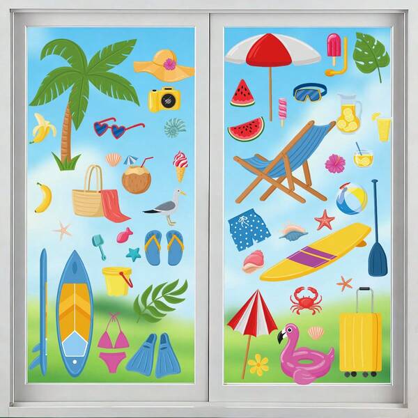 Set de 4 pegatinas de ventana con temática de verano, que incluyen palmera, silla de playa, patrones de yate, calcomanías de vidrio removibles y estáticas, adecuadas para decoración de dormitorio, sala de estar, balcón y escaparate