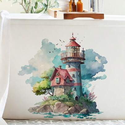 灯塔墙贴，水彩画风格窗贴，2D平面自粘墙贴，适用于卧室、橱柜、客厅等墙面装饰，无需胶水，易于粘贴，防水防污，家居装饰，轻奢海滨风情