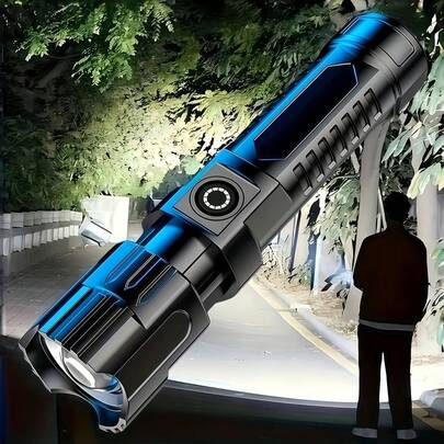 1pc Super Bright Rechargeable LED Flashlight, Portable Zoom Handheld Torch Suitable For Outdoor Camping, Fishing, Hunting, Hiking, Adventure And Emergency, Built-In Battery