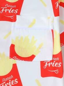 2 Piece Sets Woman Pajama, Fun French Fries Print, Soft Breathable Loungewear, Spring Summer Short Sleeve Lapel Top & Elastic Waist Shorts - trắng - Xem 5