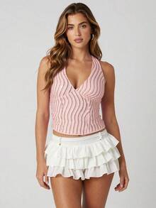 Áo croptop hở lưng gợi cảm đính sequin | Áo camisole ôm sát không tay cổ chữ V sâu kiểu Y2K + khóa kéo lượn sóng | Phụ kiện không thể thiếu cho kỳ nghỉ biển, tiệc tùng nhiệt đới | Thích hợp cho hộp đêm, lễ hội âm nhạc, mùa hè, hẹn hò hàng ngày, ngọt ngào, dễ thương, thanh lịch, đa năng | Áo camisole thời trang mùa hè màu hồng thường ngày - Hồng - Xem 1