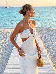 女士夏季波西米亚亮片白色蕾丝系带露背吊带长裙，无袖修身镂空性感针织连衣裙，适合海滩度假、海滩派对、音乐节、鸡尾酒会、城市公路旅行、假日约会 - 白色 - 查看 5