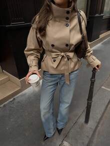 Elio Closet 女士宽松短款高领休闲风衣，卡其色系带长款防风外套，复古夹克，适合办公室穿着、冬季外套、圣诞节和新年穿着 - 卡其色 - 查看 1