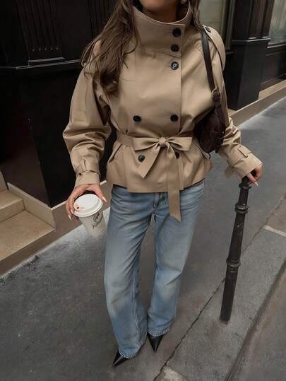 Elio Closet Women's Loose Short High Collar Casual Trench Coat, Khaki Tie-Waist Long Windbreaker, Retro Jacket, Office Wear, Winter Coat, Christmas, New Year Outfit