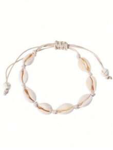 1 pieza/3 piezas/5 piezas Pulsera de pareja con cordón ajustable y decoración de conchas, estilo bohemio de moda para la playa - Beis - Ver 4