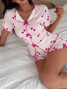 女士睡衣套装，条纹爱心印花翻领短袖上衣和开衩短裤两件套睡衣，可爱睡衣，夏季服装 - 玫紅色 - 查看 4