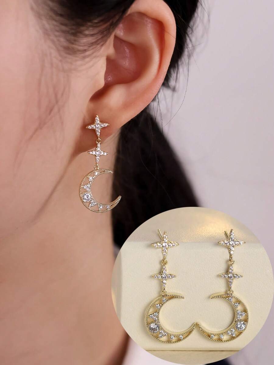 1 Pair Women's Earrings, Star & Moon Inlaid Synthetic Zirconia Earrings, Elegant Design Fashion Versatile Jewelry Suitable For Women's Daily Wear And Gifts