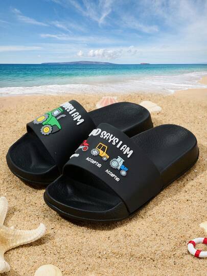 1 Pair Boys' Comfortable, Fashionable, Lightweight, Casual Truck & English Print Decorated, EVA Soft Foam Breathable Slides For Spring/Summer