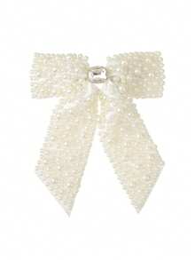 1个女士白色时尚优雅仿珍珠蝴蝶结弹簧发夹，适合日常佩戴和聚会场合 - 白色 - 查看 3