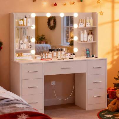 Tocador de Maquillaje Grande con Luces LED Regulables, Mesa de Maquillaje con Espejo, Mesa de Tocador con 7 cajones, 4 estantes Abiertos y 5 Ganchos para Joyas, Blanco