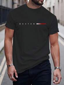 Camiseta de manga corta para hombre con estampado "Boston" de Twist Kid Cool, 180g 100% algodón, capa base para todas las estaciones de verano, fabricada en fábrica, cómoda, de alta calidad, bien ajustada, casual, deportiva, de lujo. - Negro - Ver 5