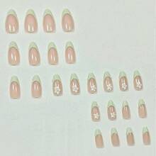 24pcs Minimalism Cute White Flower Green Rim 3D French Minimalist Sweet Style Almond Shaped Medium Length Artificial Nail Tips Set, Suitable For Office Ladies, Daily Wear, Dates, Afternoon Tea, Outings - Multicolor - View 3