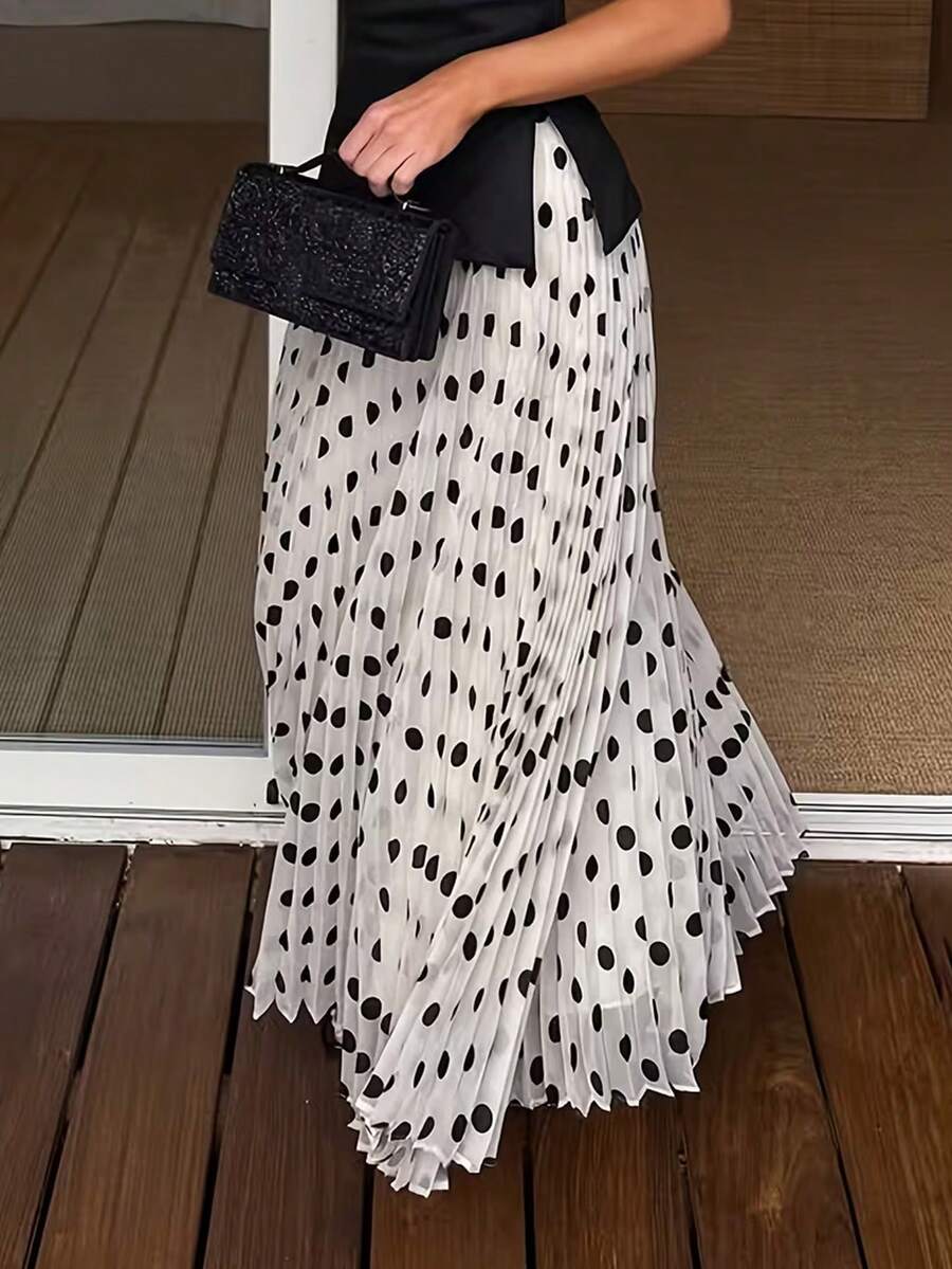 女款法式優雅波點百褶裙，優雅度假裙 白色夏季款
