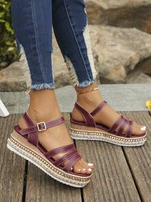 1 Pair Plus Size Women's Platform Sandals With Rivet Decor, Round Toe Thick Sole, Fashion Summer Daily Wear Vacation Style, Random Pattern, Wine Red - Burgundy - View 4