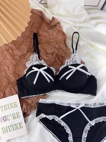 Belle Étoile 1PCS Pure And Cute Underwear Set, Women's Small Bust Gathering And Lifting Wireless Comfortable Lace Bra, Suitable For Daily Wear, Perfect For Giving To Besties, Friends, Or Lovers, The Most Sincere Gift - 黑色 - 查看 3