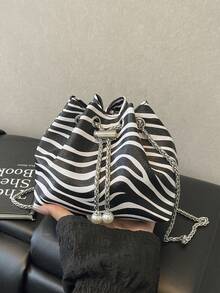 Zebra Print Fashion New One Shoulder Diagonal Handbag, Briefcase, Office Commute Bag, Drawstring Bucket Bag, Minimalist Stylish Metal Chain Shoulder Bag - Multicolor - View 8