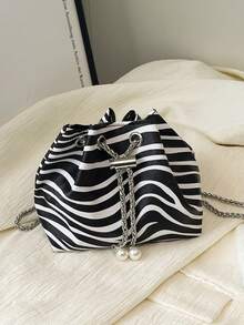 Zebra Print Fashion New One Shoulder Diagonal Handbag, Briefcase, Office Commute Bag, Drawstring Bucket Bag, Minimalist Stylish Metal Chain Shoulder Bag - Multicolor - View 7