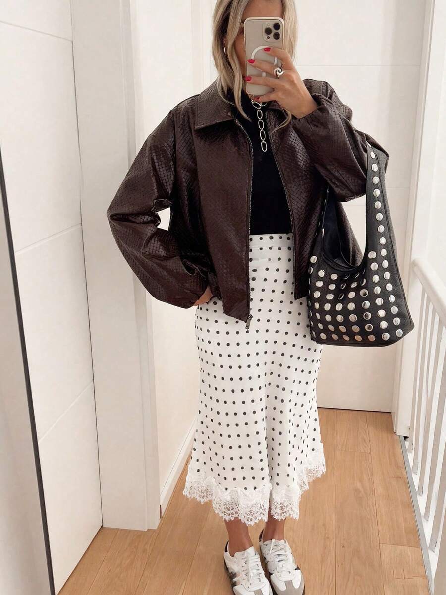 Women Satin Lace Trim Midi Skirt Polka Dot Print High Waist Long A-Line Skirts Vintage Silk Going Out Dress Y2k Streetwear Party Clubwear - 白色-A - 查看 1