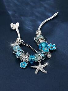 1pc European And American Fashion Creative Women Summer Ocean Style Bracelet, New Blue Ombre Flower, Starfish, Sea Turtle Charm Bracelet - Blue - View 2