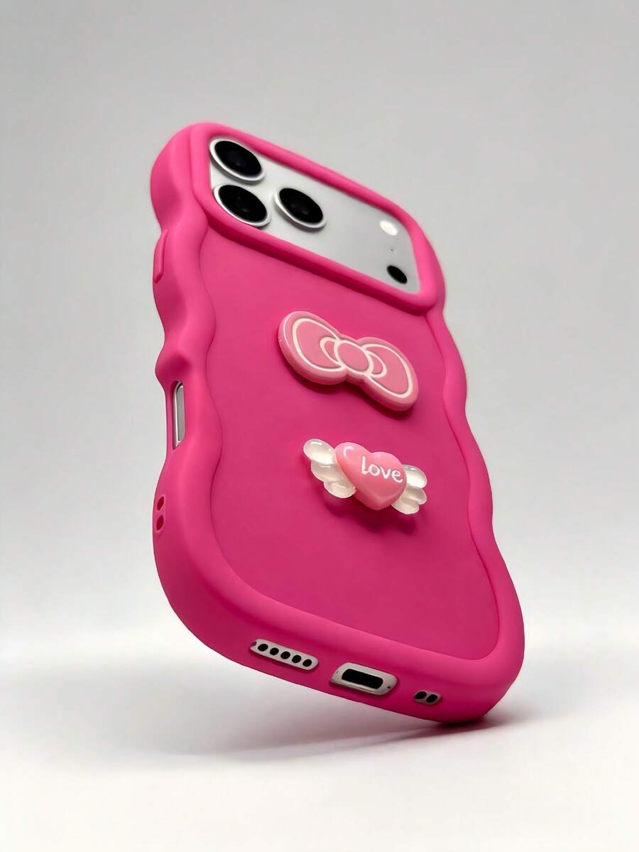 1 chiếc ốp lưng điện thoại thiết kế cánh và trái tim sáng tạo với nơ, viền lượn sóng, lỗ lớn đơn giản, tương thích với Apple 7/8/X/XR/XS Max/11/12/13/14/15/16/17 Pro Max, Galaxy A14/A15/A16/A17/A04/A05/A06/A07/A54/A55/A56/A34/A35A/36/S25/S25 Plus/S25 Ultra, A54, G13/14/15. Ốp lưng mềm mại bao phủ toàn diện. - Những làn sóng màu đỏ hồng - Xem 1