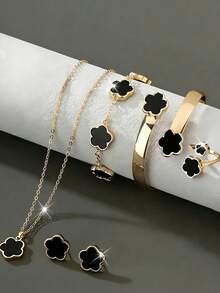 7pcs Black & Gold Contrast Classic Durable Accessories Set - Watch + Bracelet + Necklace + Ring + Earrings, Treasure Trove To Enhance Your Style, Shines In Daily Wear - Black - View 6