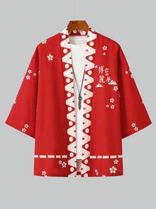 Áo choàng tay lửng kiểu Nhật Bản họa tiết yêu quái, áo khoác cardigan nhẹ, dáng rộng, thoải mái dành cho nam và nữ. - Đỏ - Xem 3