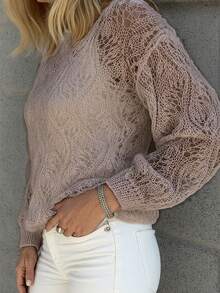 休闲镂空套头针织衫，长袖针织上衣，女士度假必备 - 杏色 - 查看 2