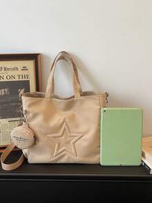 新款时尚休闲帆布材质星形图案多口袋女士手提包带零钱包 - 卡其色 - 查看 9