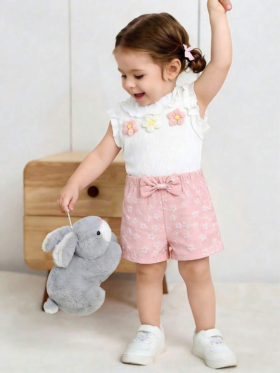 2 piezas Conjunto de top sin mangas con decoración floral 3D colorida + shorts con estampado de mariposas y flores, dulce y lindo, informal, adecuado para uso diario para niñas - Blanco - Ver 1