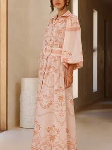 Women's Linen Loose Casual Belted Waist Puff Sleeve Dress - 粉色 - 查看 3