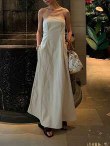 PoPoHouse Women's Elegant 100% Cotton Maxi Dress Sexy Backless Pocketed A-Line Waist Strapless Tube Flowy Dress For Daily Casual Summer Beach Vacation Party Going Out Outfit - Apricot - View 3