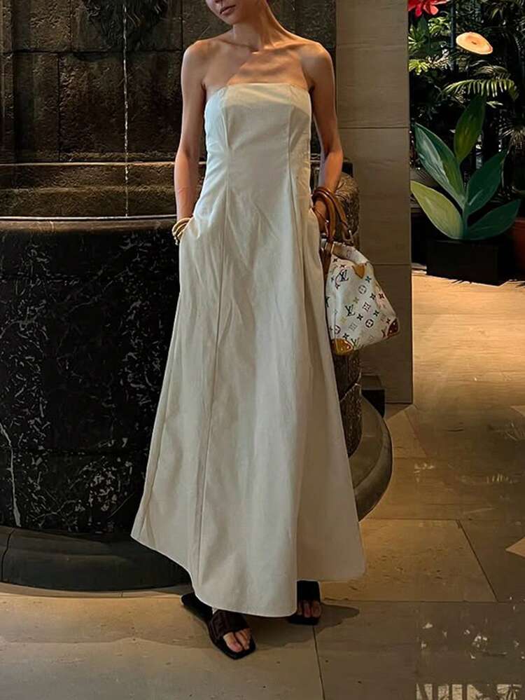 PoPoHouse Women's Elegant 100% Cotton Maxi Dress Sexy Backless Pocketed A-Line Waist Strapless Tube Flowy Dress For Daily Casual Summer Beach Vacation Party Going Out Outfit - Apricot - View 3