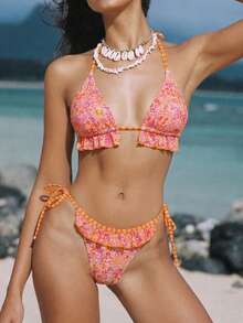 2026 Summer Women's Cute Ditsy Floral Spaghetti Strap Backless Bikini Top, Suitable For Beach Vacation. Backless Tie Ditsy Floral Bikini, Women's Two Pieces Swimsuit, Summer Style - Multicolor - View 2