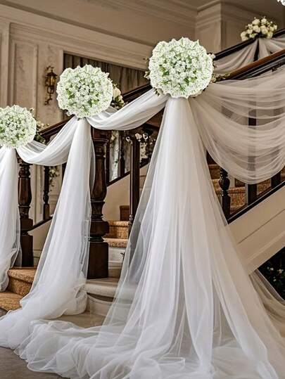 22/8件套婚礼浪漫装饰，白色薄纱丝绸花环椅背装饰，仿真满天星装饰，优雅教堂长椅装饰，婚礼走道装饰，适用于婚礼场地装饰、优雅派对装饰、DIY装饰、教堂仪式、婚宴