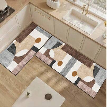 1pc Silica Gel Kitchen Mat, With A Low-Saturation Morandian Color Palette Of Off-White, Light Brown, Dark Brown, Gray, And Black As The Base, Featuring An Arrangement Of Geometric Rectangles, Semi-Circles, And Circular Color Blocks, Complemented By A Delicate Fabric Texture, Presenting A Simple Yet Artistic Modern Nordic Style. The Luxury Fashion Kitchen Mat Has Cushioning And Anti-Fatigue Properties, With A Surface Fabric Material, Middle Sponge Absorbent Material, And A Rubber Bottom That Is Not Easily Dirtied And Absorbs Water Well.