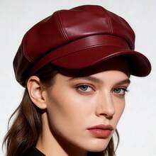 Women's PU Leather Newsboy Cap 8 Panel Paperboy Newsie Cap Bakerboy Beret Cabbie Hat, Fashionable Headwear - 酒紅色 - 查看 3