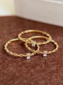 1枚S925纯银极简镂空链扣方形戒指，百搭时尚精致几何指节/中指戒指，女士款 - 方形 - 查看 3