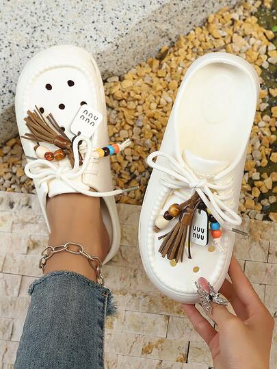 Women's Beaded Tassel Slip-On Sandals, Lightweight Round Toe Comfortable House Slippers, White Outdoor Beach Flip Flops