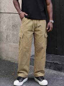 Pantalones cargo de hombre de color caqui tejido, cintura elástica con cordón, bolsillos laterales dobles, pantalones casuales - Caqui - Ver 2