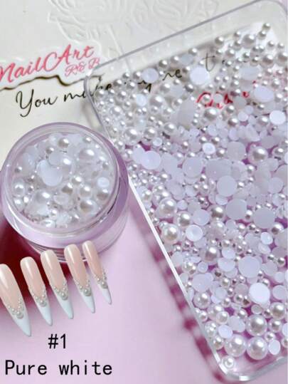 Uñas, decoraciones DIY, un frasco de perlas artificiales imitación semicirculares y hemisféricas, disponibles en colores blanco puro, blanco roto, iridiscente AB, degradado de rosa de sirena, adecuadas para que las niñas pequeñas creen arte de uñas, con un estilo de decoración DIY simple y lindo. Aplicable a uñas mate, brillantes, largas, cortas, en forma de pico de pato, en punta, francesas y uñas postizas