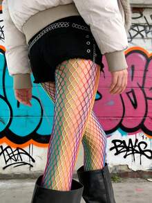 Quần tất lưới màu cầu vồng gradient dành cho nữ, quần tất lưới cỡ lớn phong cách Punk Y2K. - Nhiều màu - Xem 4
