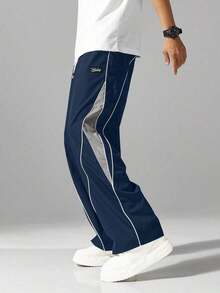 Men's Street Style Jogger Pants - With Side Stripes, Pockets And Drawstring Waist, Contrast Color Casual Sweatpants - Navy Blue - View 3