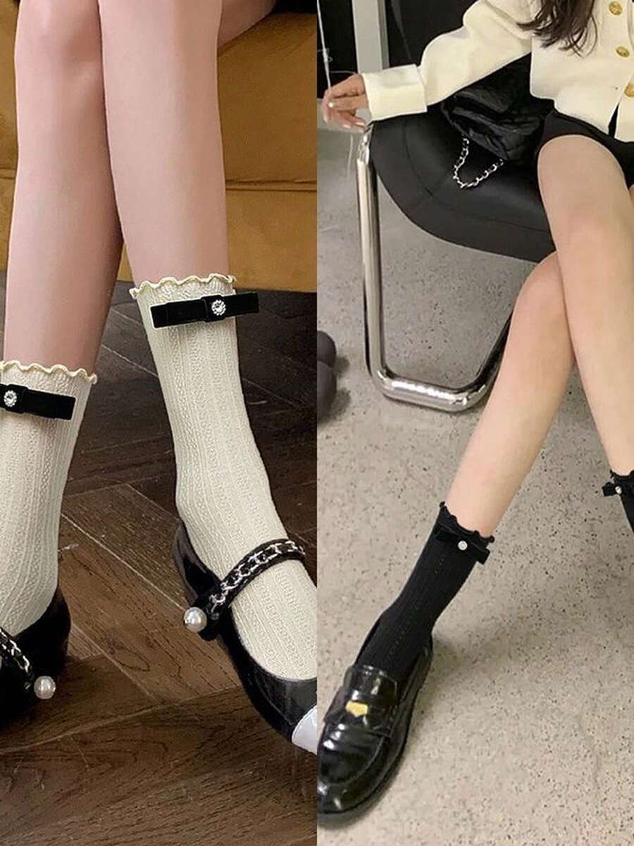 Japanese-Style JK Velvet Bow Lace Trim Mid-Calf Socks Lolita Cream White Calf Socks Mary Jane Women's Thin Style - 彩色 - 查看 1