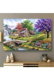 1 Set de Kit de Pintura de Diamantes sin Marco, Escenario Campestre Tranquilo con Encantadora Cabaña, Flores Vibrantes y Río, Adecuado para Decoración de Dormitorio, Sala de Estar, Oficina o Cocina, Decoración Mural Exterior, Técnica de Diamante Redondo Completo para Principiantes Adultos - Sin marco - Ver 12