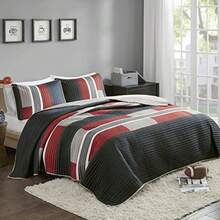 CS14-0864 3 Piece Quilt Coverlet Bedspread All Season Lightweight Hypoallergenic Pipeline Colorblock Bedding Set Full/Queen Pierre Black/Red Stripe - Negro/Rojo - Ver 1