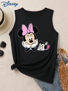 Disney 1件米妮图案印花女式背心，时尚休闲圆领弹力背心，适合日常穿着，易护理面料，女式无袖上衣 - 黑色 - 查看 1