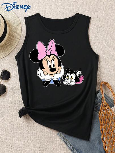 Disney 1件米妮图案印花女式背心，时尚休闲圆领弹力背心，适合日常穿着，易护理面料，女式无袖上衣