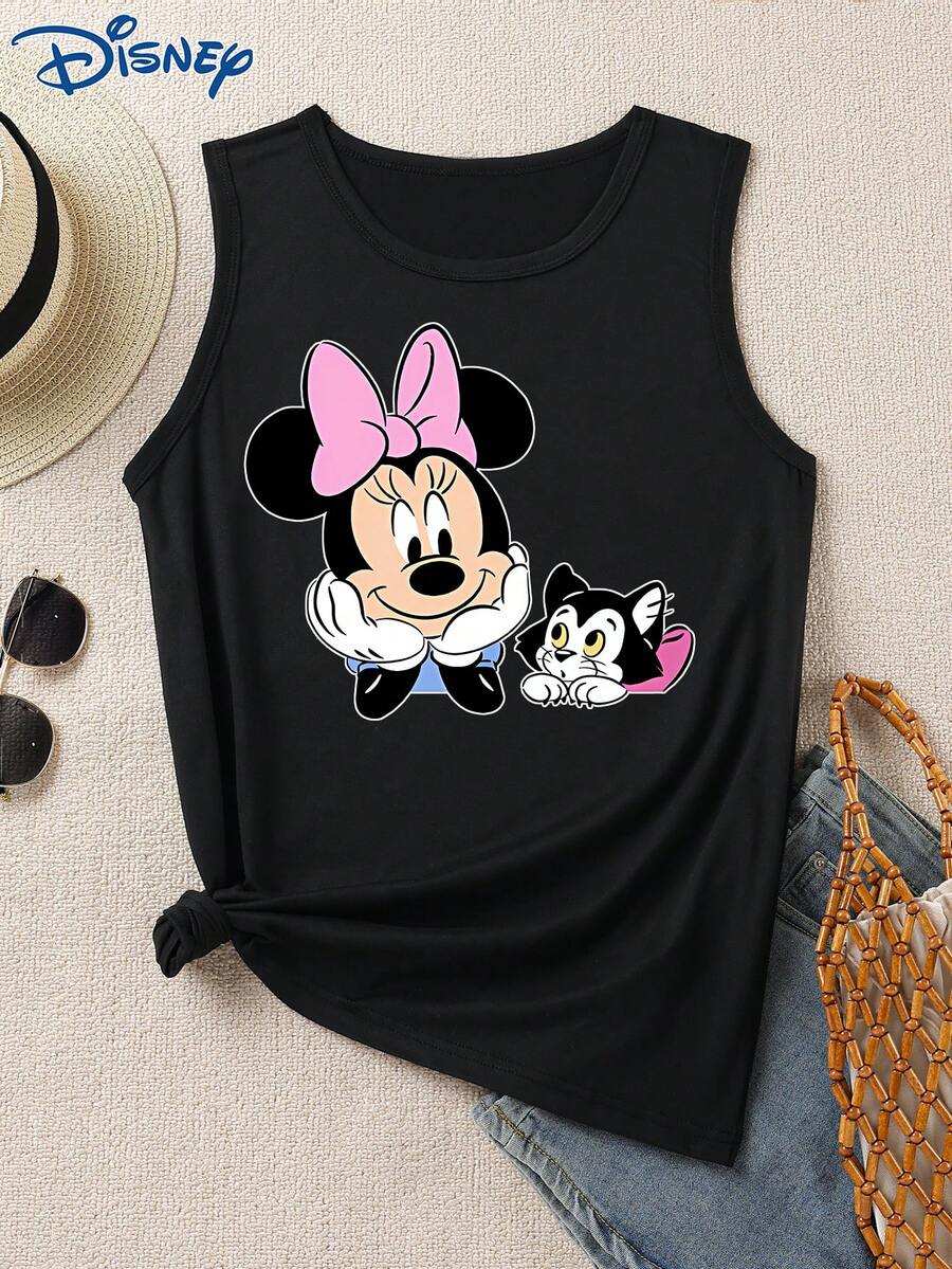 Disney 1件米妮图案印花女式背心，时尚休闲圆领弹力背心，适合日常穿着，易护理面料，女式无袖上衣 - 黑色 - 查看 1
