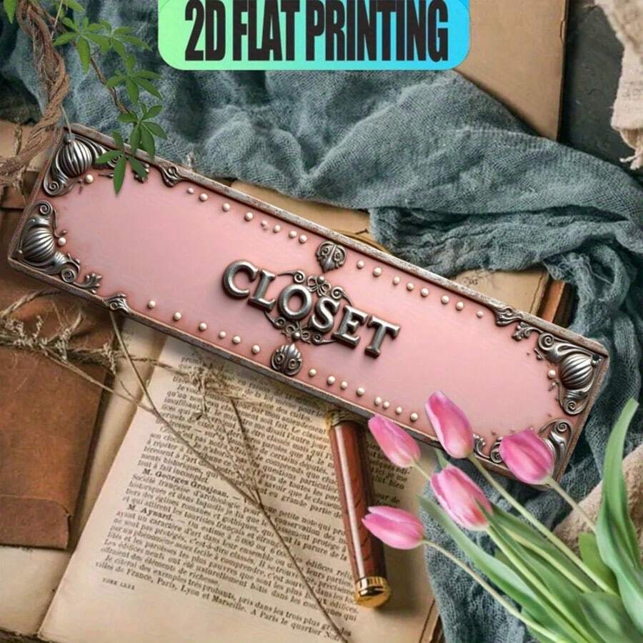 2D Piatto - Un cartello in ferro multifunzionale con titolo in inglese "Closet Pink Gray Silver Floral Swirl", adatto per varie posizioni come bar, soggiorni, sale da pranzo, hotel, camere, ristoranti, uffici, garage, ecc. - multicolore - Visualizzare 1